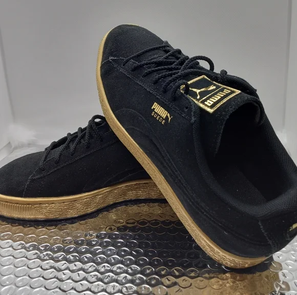 Puma Suede Black With Gold Sole. - Picture 3 of 8